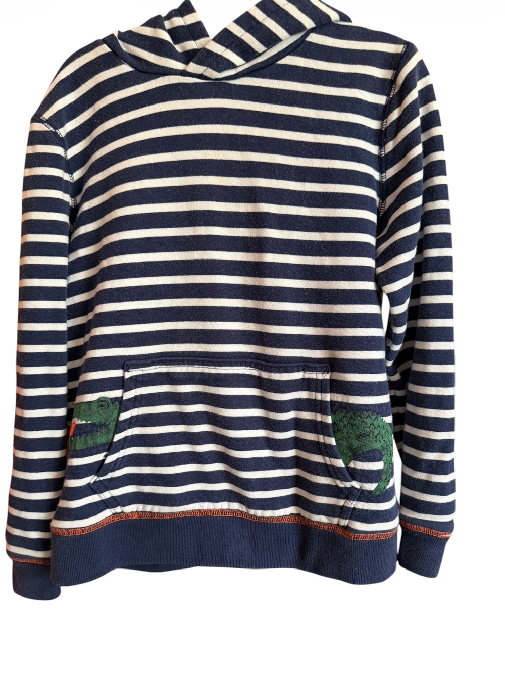 Boden Navy & White Striped Hooded Sweatshirt Green Accent Kangaroo Front Pocket